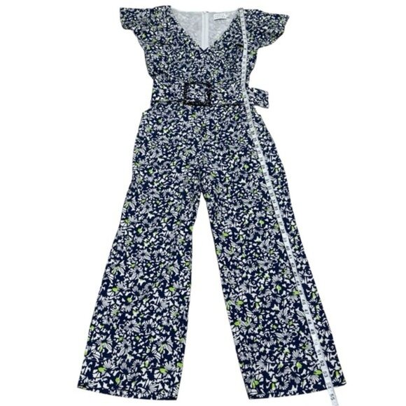 Tanya Taylor Avalon Blue Floral Linen Blend Jumpsuit Size 6 Pockets Flutter - Picture 8 of 10